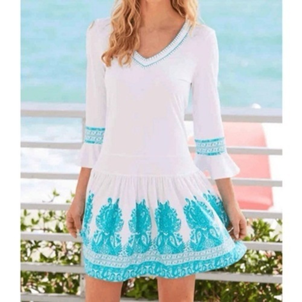 CABANA‎ LIFE Womens Sz L Drop Waist Cover-Up Dress Blue White Resortwear Beach